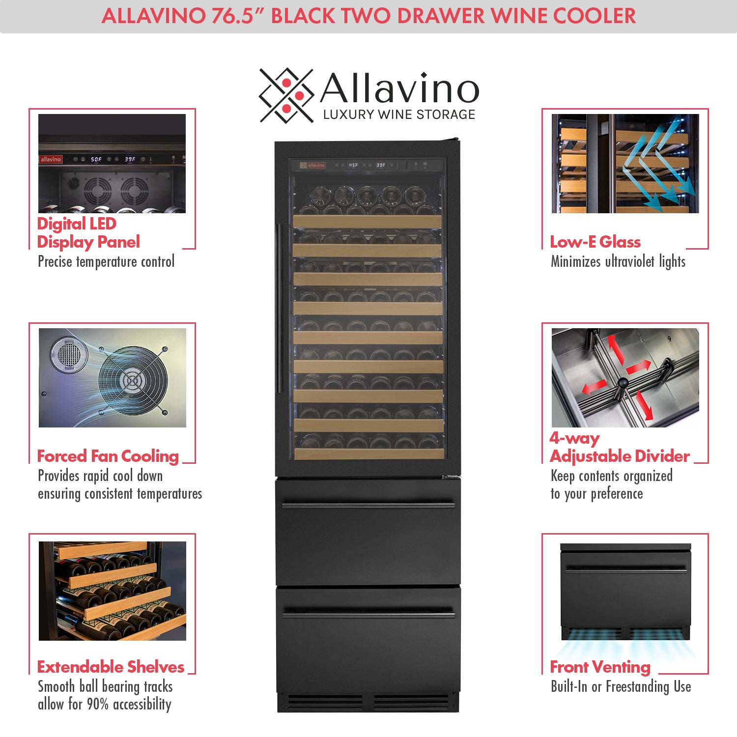 Allavino 108 Bottle Black Wine Refrigerator With Two Refrigerated Drawers - View 5 | Fridge.com
