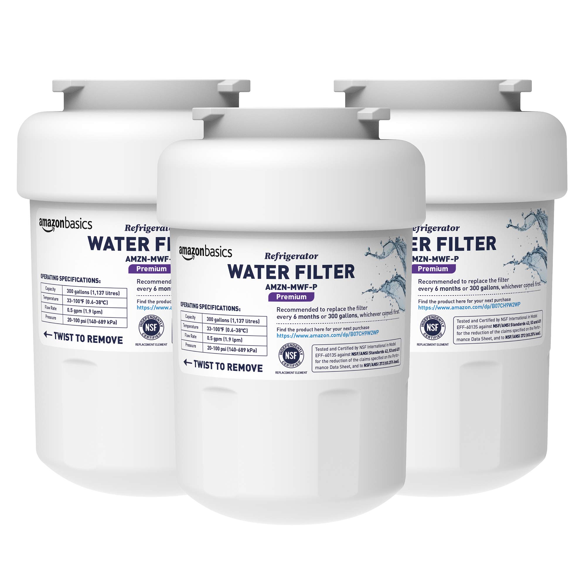 Amazon Basics Replacement Water Filter Cartridge Compatible With GE Mwf Refrigerator, Nsf Certified, No Leaks, Fits Perfectly, Compatible With GE And Kenmore, 3-Pack - View 1 | Fridge.com