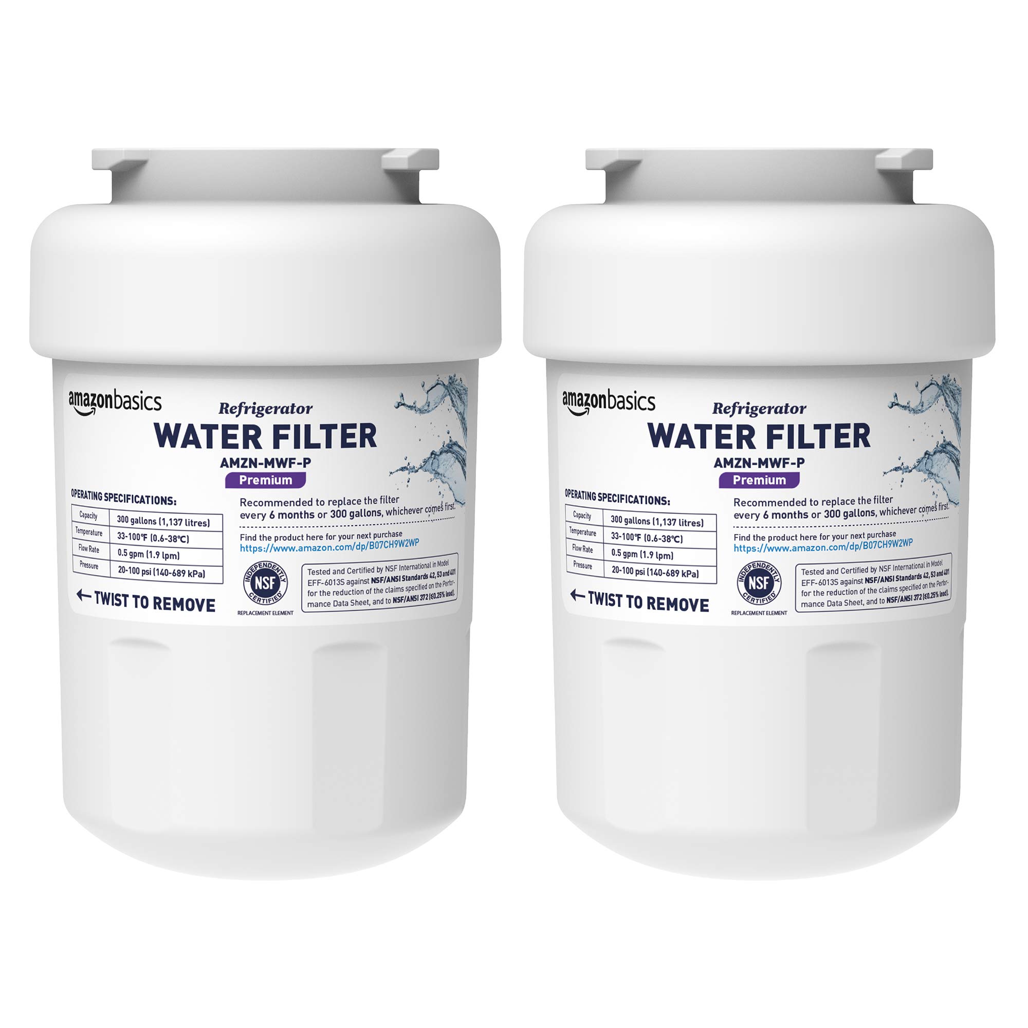 Amazon Basics Replacement Water Filter Cartridge Compatible with GE MWF Refrigerator, NSF Certified, Easy to Install, Leak-Proof, 2-Pack | Fridge.com