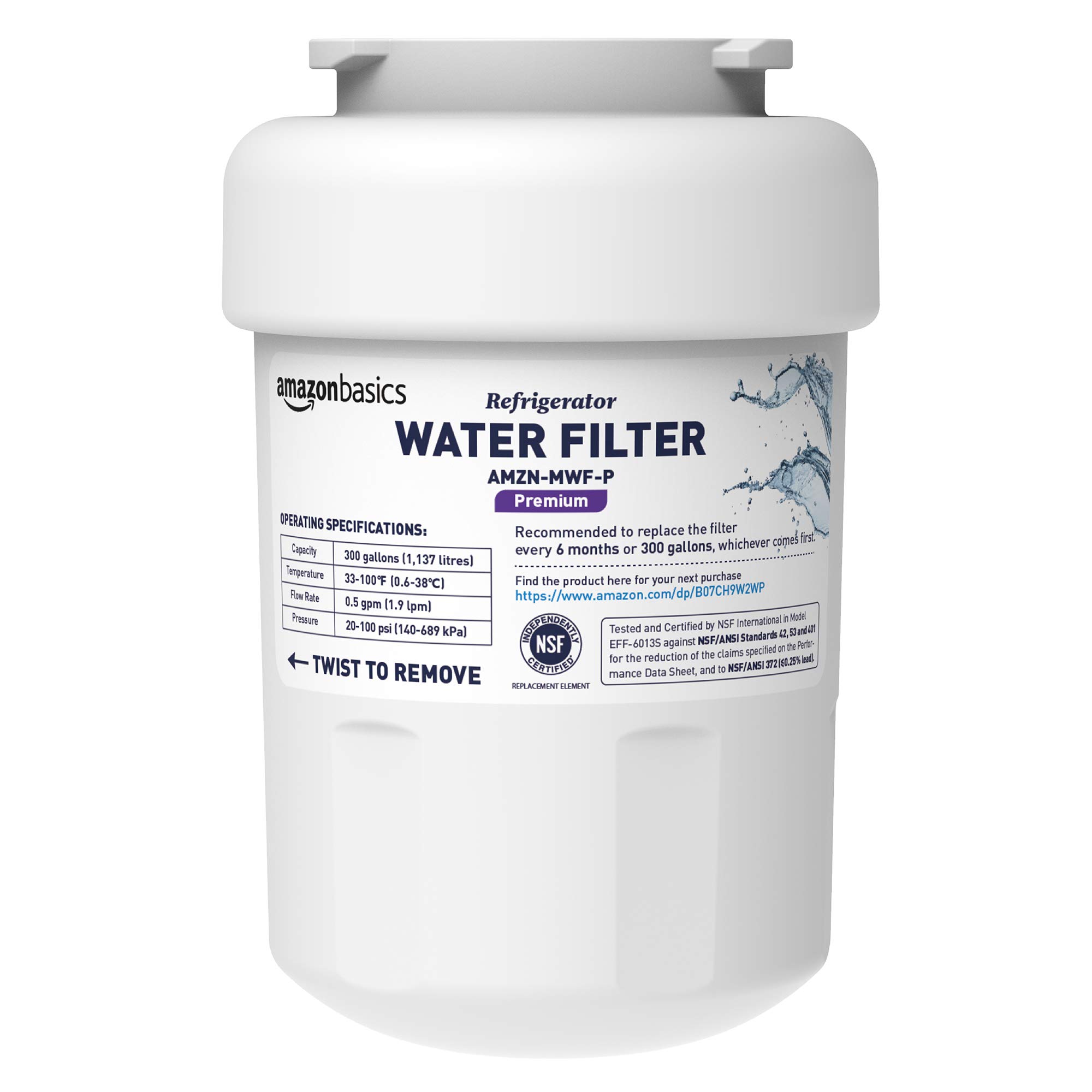 Amazon Basics Replacement Water Filter Cartridge Compatible with GE MWF Refrigerator, Easy to Install, NSF/ANSI 42 Certified, Reduces Lead, 1-Pack | Fridge.com