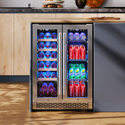24" Dual Zone Beverage Refrigerator  Glass Door Wine & Beer Cooler, Holds 20 Bottles & 78 Cans, Built-In or Freestanding for Kitchen, Bar, Office, 34 | Fridge.com