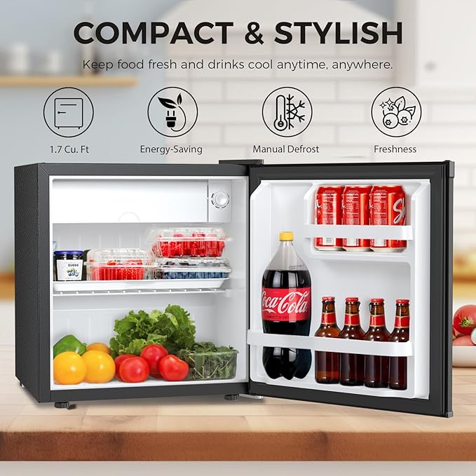 Antarctic Star Compact Refrigerator Mini Fridge With Freezer, Single Reversible Door, Dorm Fridge, Wire Shelf, Defrost Button, For Bedroom, Office, Kitchen, 1.7 cu. ft, Black - View 6 | Fridge.com
