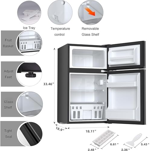 Antarctic Star Mini Compact Refrigerator, 3.2 Cu.Ft. Separate Freezer Double 2-Door Adjustable Removable Shelves for Apartment/Dorm/Office,BLACK | Fridge.com