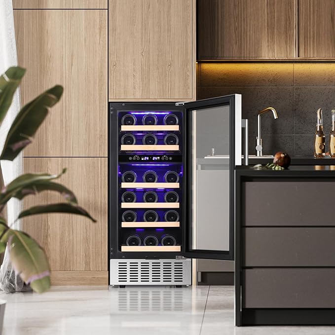 Antarctic Star Wine Fridge,15 Inch Wine Cooler Refrigerator Under Counter(41-68°F),28 Bottles Built-In Dual Zone &Freestanding Wine Refrigerator With Stainless Steel & Double-Layer Tempered Glass Door - View 2 | Fridge.com
