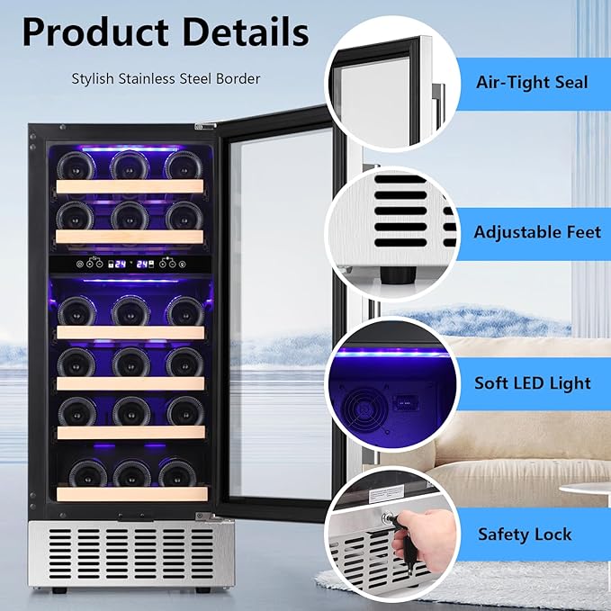 Antarctic Star Wine Fridge,15 Inch Wine Cooler Refrigerator Under Counter(41-68°F),28 Bottles Built-In Dual Zone &Freestanding Wine Refrigerator With Stainless Steel & Double-Layer Tempered Glass Door - View 6 | Fridge.com