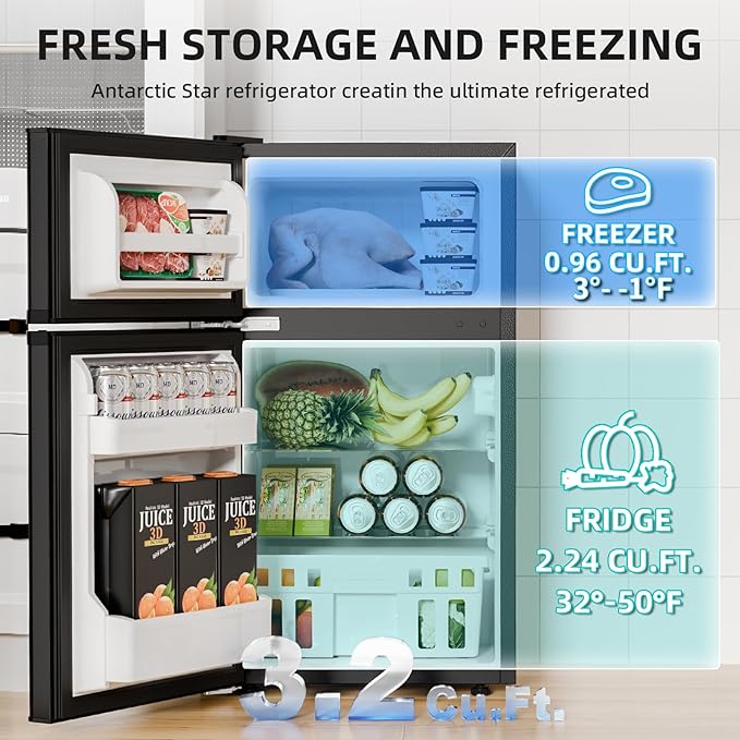 Antarctic Star Compact Refrigerator With Freezer,2 Door Mini Fridge,Adjustable Shelf,Small Fridge For Bedroom Office Dorm Kitchen,3.2 cu.ft.Black - View 6 | Fridge.com