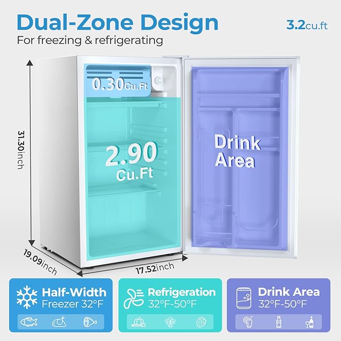 Antarctic Star 3.2 cu.ft. Mini Fridge With Freezer, Small Refrigerators With Adjustable Thermostat, Low Noise, Energy Saving, Compact Refrigerators For College Dorm, Office, Bedroom, Apartment, White - View 2 | Fridge.com