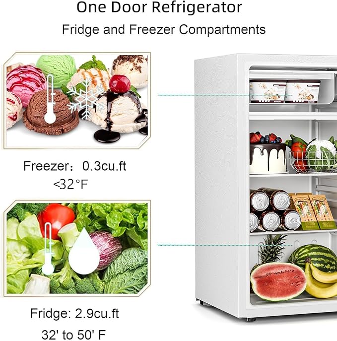 Antarctic Star Mini Compact Refrigerator With Freezer, 3.2 cu.ft. Single Door With Adjustable Thermostat,Removable Glass Shelves For Apartment/Dorm/Office,White - View 3 | Fridge.com