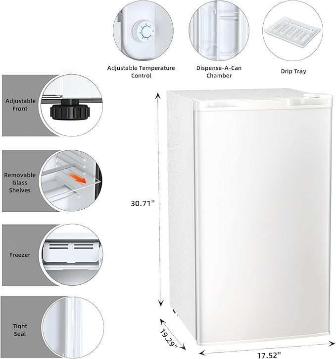Antarctic Star Mini Compact Refrigerator With Freezer, 3.2 cu.ft. Single Door With Adjustable Thermostat,Removable Glass Shelves For Apartment/Dorm/Office,White - View 4 | Fridge.com