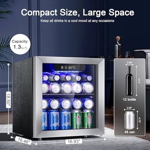 Antarctic Star 48 Can Beverage Refrigerator,12 Bottle Wine Cooler with Stainless Steel Glass Door, Digital Temperature Display,Electronic Temperature Control, Silver | Fridge.com