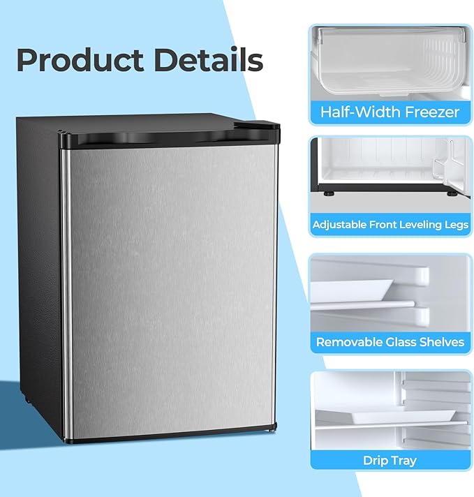 Antarctic Star 2.56 cu.ft. Mini Fridge With Freezer, Small Refrigerators With Adjustable Thermostat, Low Noise, Energy Saving, Compact Refrigerators For College Dorm, Office, Bedroom, Stainless Steel - View 5 | Fridge.com