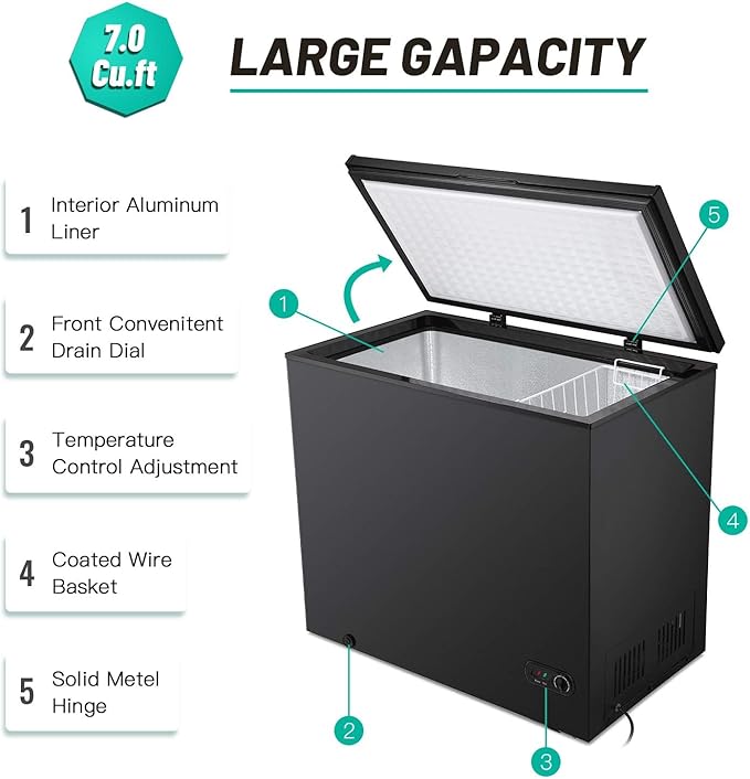 Antarctic Star 7.0 cu.ft Chest Freezer 6.8℉To -4℉With Removable Basket Free Standing Top Open Door Compact Freezer With Adjustable 7 Temperature Defrost Water Drain/Power Saving Ul Certified Black - View 5 | Fridge.com