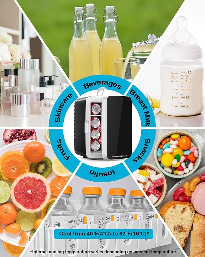 Antarctic Star Compact Mini Fridge, 10L Portable Small Refrigerator, 2.6 gal Desktop Fridge With Ac/Dc Adapters, Small Cosmetics Cooler For Beverage, Food, Makeup, Bedroom, Office, Dorm, Black - View 5 | Fridge.com