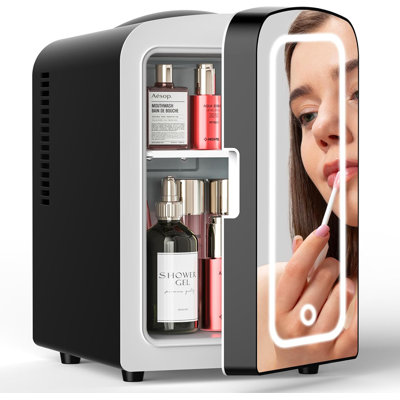 Stylish 4L Mini Fridge W/ Led Mirror - Quick Chill 6 Cans, Ac/Dc, Ideal For Car, Office & Dorm, Sleek Black — FIN-0014403 | Fridge.com