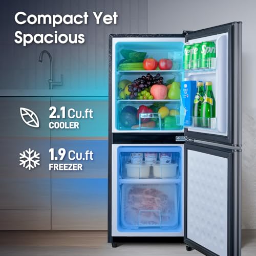Anypro Fridge With Bottom Freezer And Drawer, 4.0 cu.ft Double Door Refrigerator With 7 Adjustable Temperature Settings For Bedroom, Dorm, Office, Apartment, Large Capacity, Black - View 3 | Fridge.com