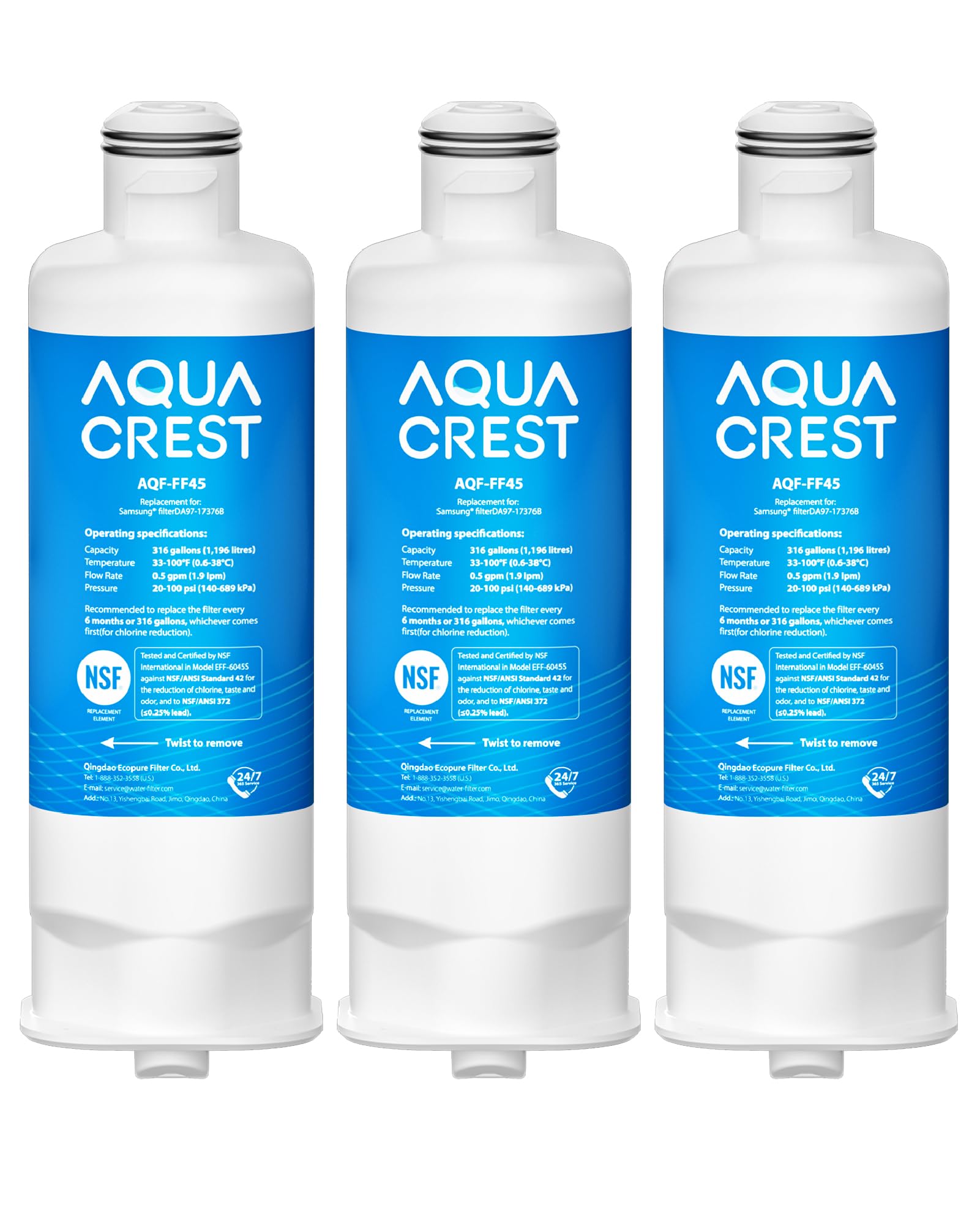 AQUA CREST AQF-FF45 Replacement for Samsung® DA97-17376B, DA97-08006C, HAF-QIN/EXP, RS27T5200SR, RF28T5001SR, RF24R7201SR, RF28R6201SR, Refrigerator Water Filter, 3 Pack | Fridge.com