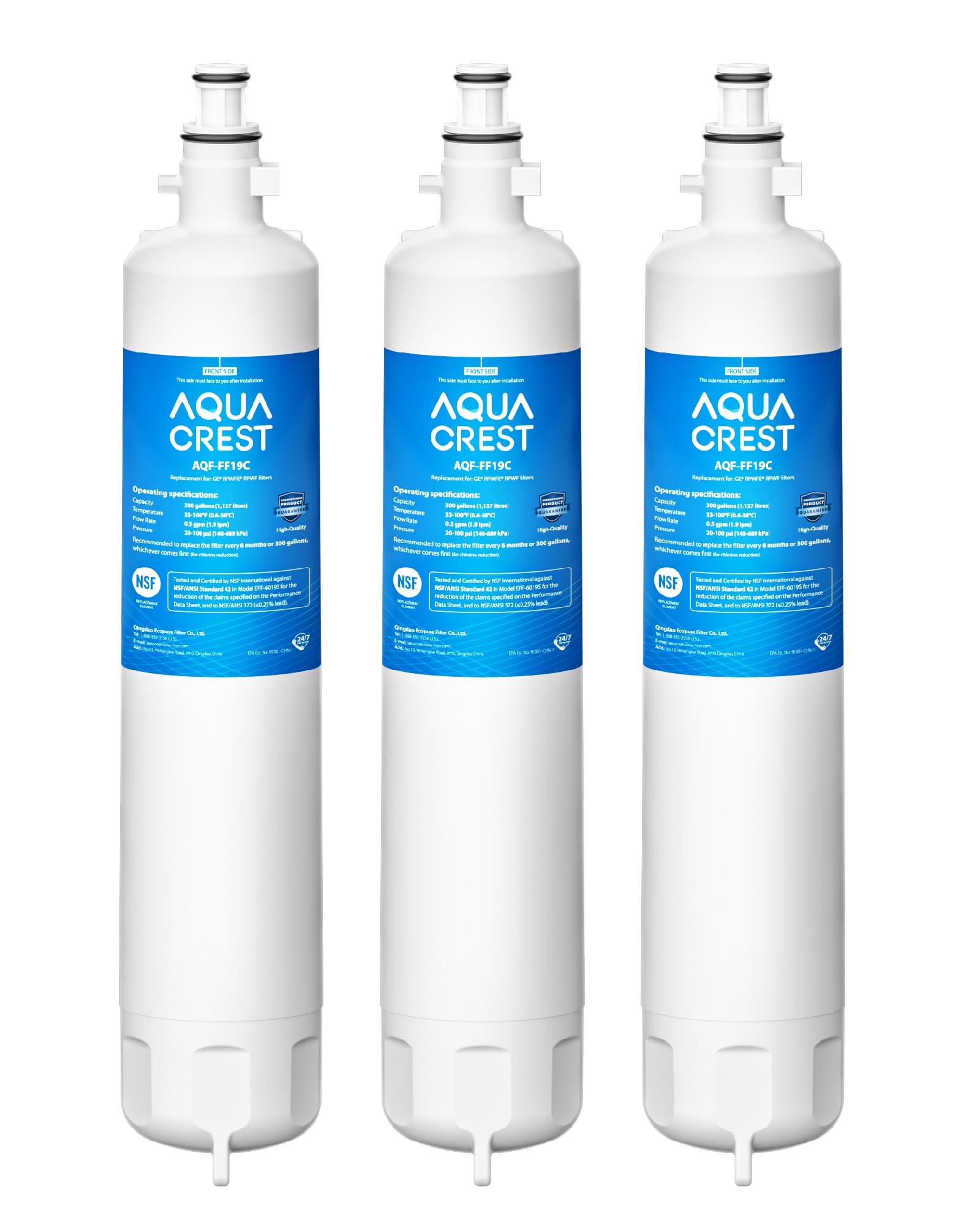 AQUA CREST AQF-FF19C Replacement for GE® RPWFE®, RPWF (with CHIP) Refrigerator Water Filter, Compatible with GYE22HMKES, GYS22GMNES, GYE22HBLTS, DFE28JSKSS, GFE28HMHES, GNE29GYNFS, 3 Filters | Fridge.com
