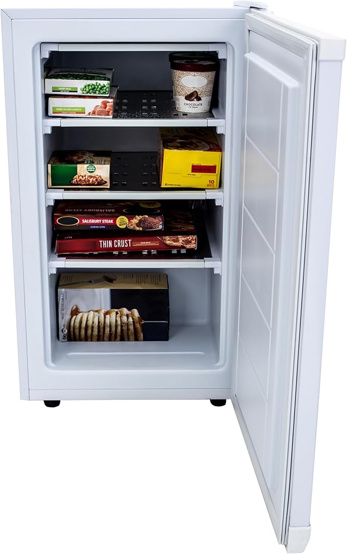 Avanti Upright Freezer Compact Design with 3 Fixed Metal Shelves, Reversible Door Adjustable Temperature Control and Flush-Back Design Perfect for Home, Office, Basements & More, 2.8-Cu.Ft, White | Fridge.com