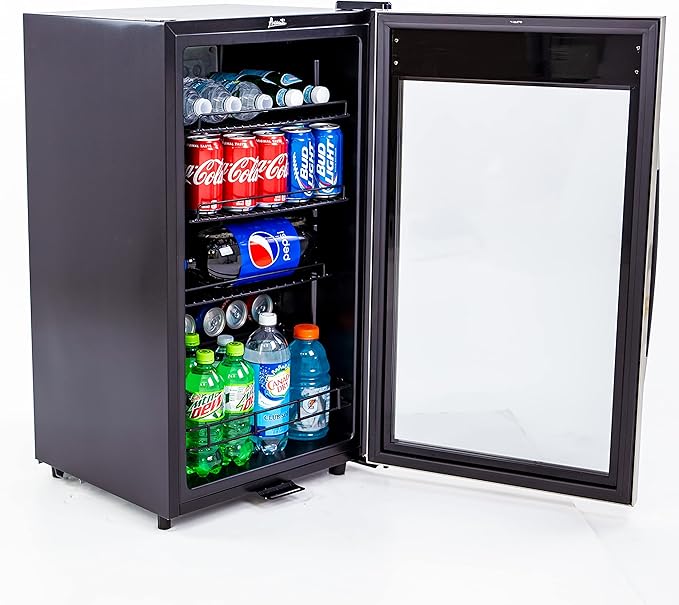 Avanti Beverage Cooler with Glass Door 108 Can Mini Refrigerator with Lock for Beer Soda Water Wine with Adjustable Shelves Digital Temperature Control and Interior Lighting, 3-Cu.Ft., Metallic | Fridge.com