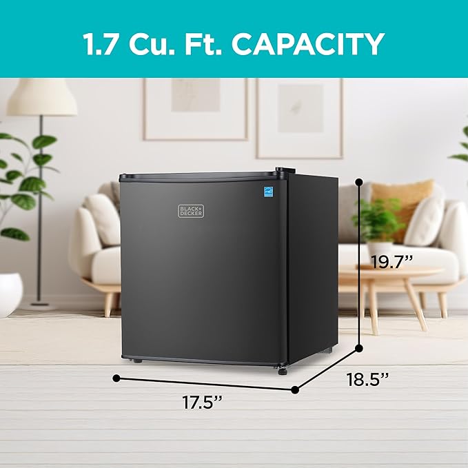 Black+Decker 1.7 cu. ft. Compact Refrigerator, Energy Star Certified, Single Door Mini Fridge With Chiller Compartment, Personal Fridge For Home Or Dorm Room, R600a Refrigerant, BCRK17B, Black - View 2 | Fridge.com
