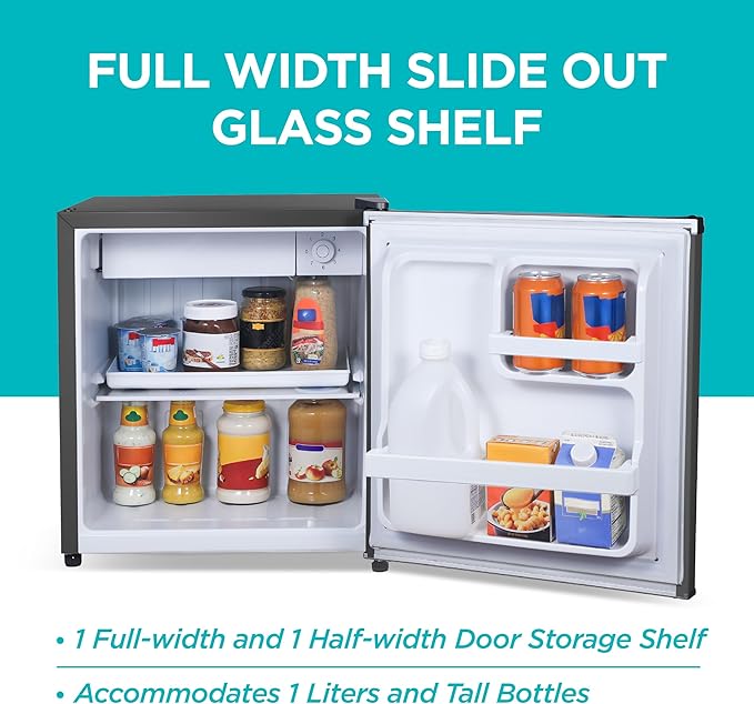 Black+Decker 1.7 cu. ft. Compact Refrigerator, Energy Star Certified, Single Door Mini Fridge With Chiller Compartment, Personal Fridge For Home Or Dorm Room, R600a Refrigerant, BCRK17B, Black - View 4 | Fridge.com