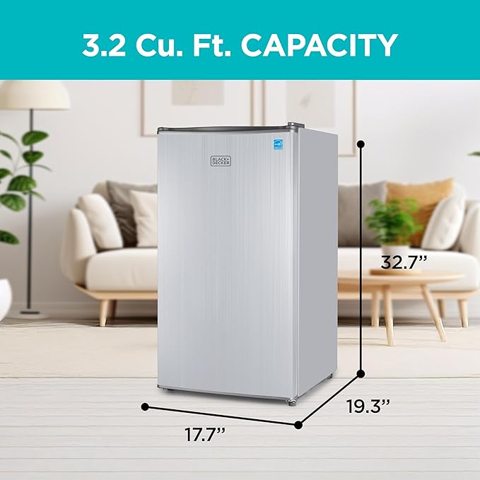 Black+Decker 3.2 cu. ft. Compact Refrigerator, Energy Star Small Refrigerator, Single Door Mini Fridge With Chiller Compartment, Personal Fridge For Home Or Dorm Room, BCRK32V, Stainless Look - View 2 | Fridge.com