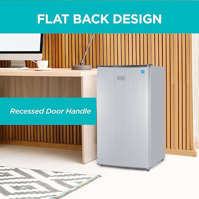 Black+Decker 3.2 cu. ft. Compact Refrigerator, Energy Star Small Refrigerator, Single Door Mini Fridge With Chiller Compartment, Personal Fridge For Home Or Dorm Room, BCRK32V, Stainless Look - View 6 | Fridge.com