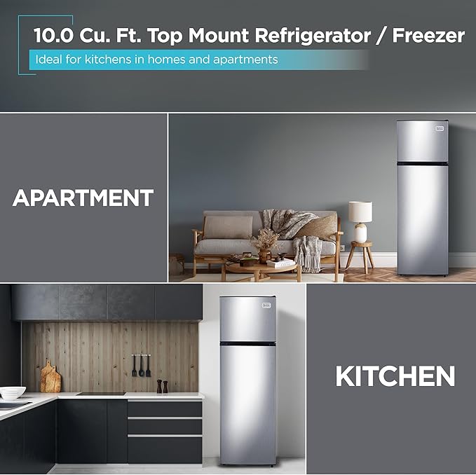 Black+Decker 10 cu. ft. Top Mount Refrigerator With Freezer, 2 Door Fridge With Top Freezer And Mechanical Temperature Control, For Homes And Apartments, BDA10LAS, Stainless Steel Look - View 2 | Fridge.com