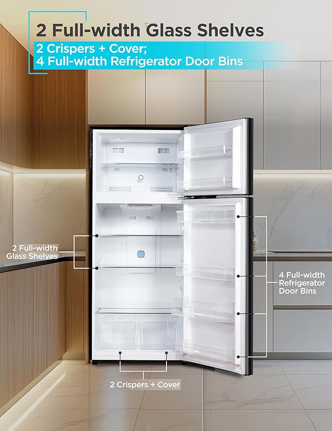 Black+Decker 14.6 Cu. Ft. Top Mount Refrigerator With Freezer, 2 Door Refrigerator With Top Freezer And Adjustable Temperature Control, Energy Star, Br1460hb, Black - View 4 | Fridge.com