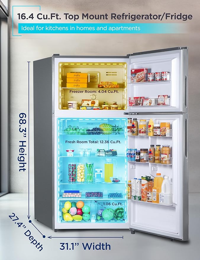 Black+Decker 16.4 Cu. Ft. Top Mount Refrigerator With Freezer, 2 Door Refrigerator With Top Freezer And Separate Temperature Controls, Auto Defrost, Full Size, Br1640ks, Stainless Steel Look - View 2 | Fridge.com