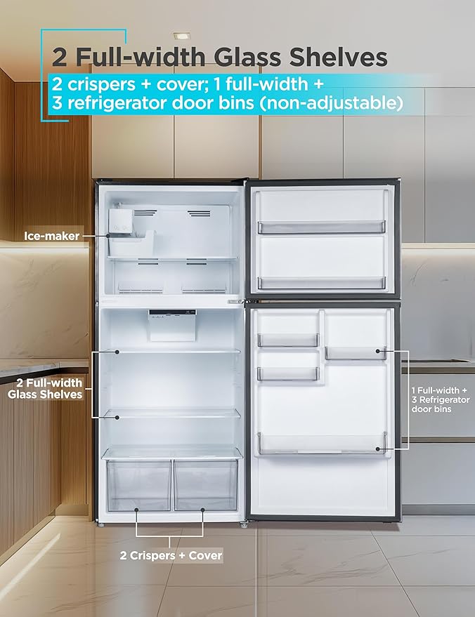 Black+Decker 20.1 cu. ft. Top Mount Refrigerator With Ice Maker, 2-Door Refrigerator With Top Freezer, Freezer With Icemaker And Adjustable Temperature Control, Energy Star, BR2010JIMB, Black - View 4 | Fridge.com