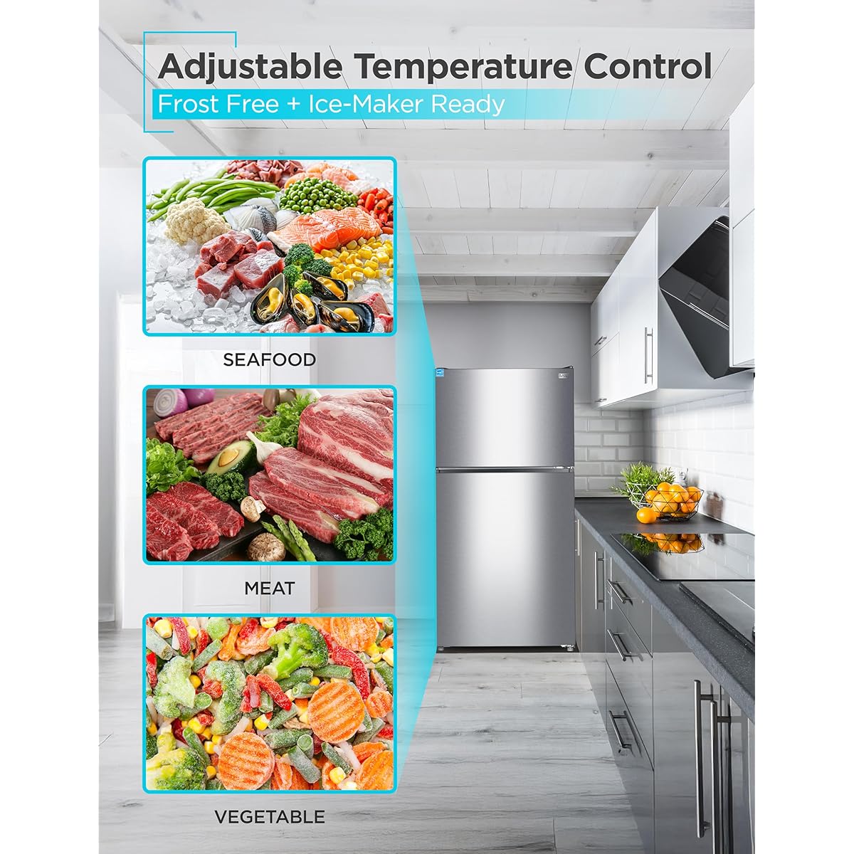 Black+Decker 24 cu. ft. Top Mount Refrigerator With Freezer, 2 Door Refrigerator With Top Freezer And Adjustable Temperature Control, Full Size Kitchen, Energy Star, BR2400JS, Stainless Look - View 2 | Fridge.com