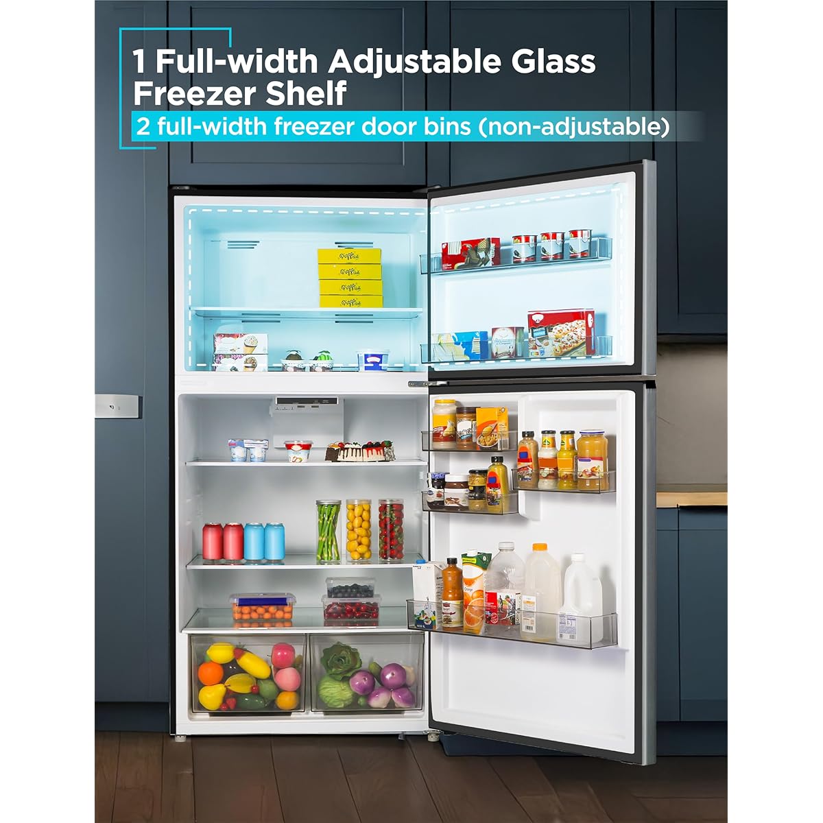 Black+Decker 24 cu. ft. Top Mount Refrigerator With Freezer, 2 Door Refrigerator With Top Freezer And Adjustable Temperature Control, Full Size Kitchen, Energy Star, BR2400JS, Stainless Look - View 4 | Fridge.com