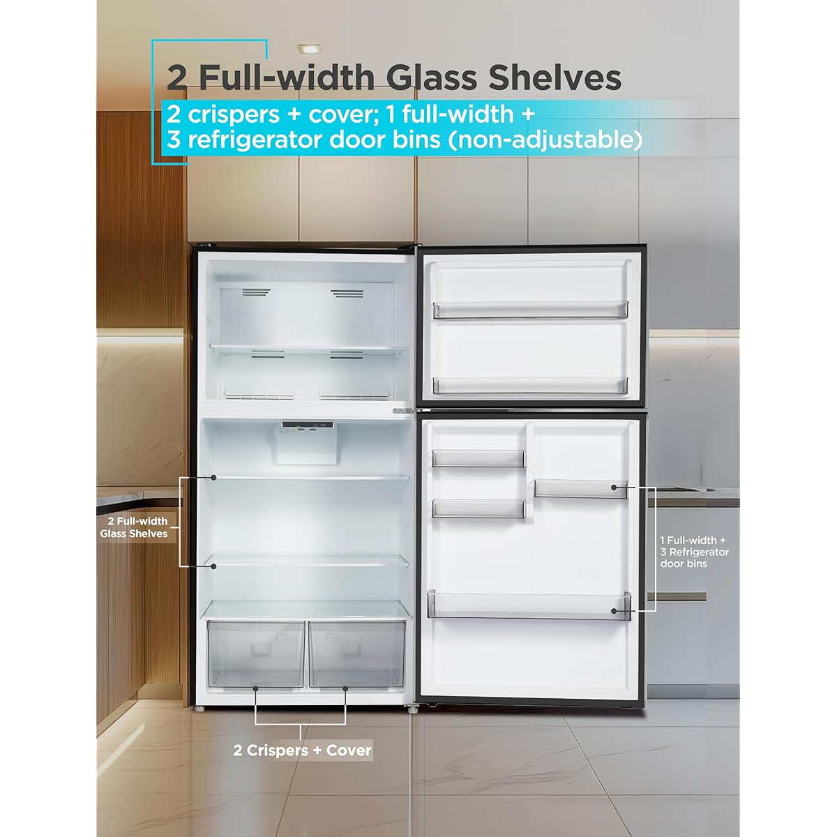 Black+Decker 24 cu. ft. Top Mount Refrigerator With Freezer, 2 Door Refrigerator With Top Freezer And Adjustable Temperature Control, Full Size Kitchen, Energy Star, BR2400JS, Stainless Look - View 5 | Fridge.com