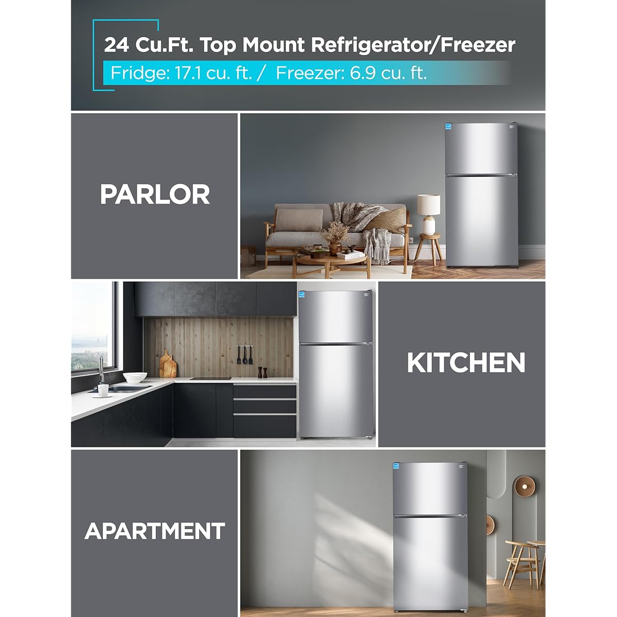 Black+Decker 24 cu. ft. Top Mount Refrigerator With Freezer, 2 Door Refrigerator With Top Freezer And Adjustable Temperature Control, Full Size Kitchen, Energy Star, BR2400JS, Stainless Look - View 6 | Fridge.com