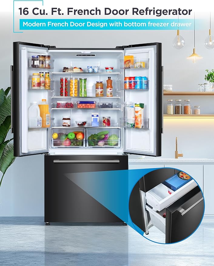 BLACK+DECKER 16 Cu. Ft. French Door Refrigerator with Built-in Ice Maker, Full Size Refrigerator with Bottom Mount Freezer Drawer, Frost Free, ENERGY STAR certified, BRF1600GIMB, Black | Fridge.com