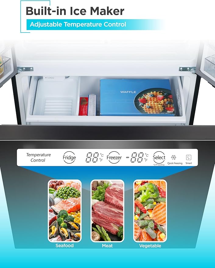 Black+Decker 16 cu. ft. French Door Refrigerator With Built-In Ice Maker, Full Size Refrigerator With Bottom Mount Freezer Drawer, Frost Free, Energy Star Certified, BRF1600GIMB, Black - View 2 | Fridge.com