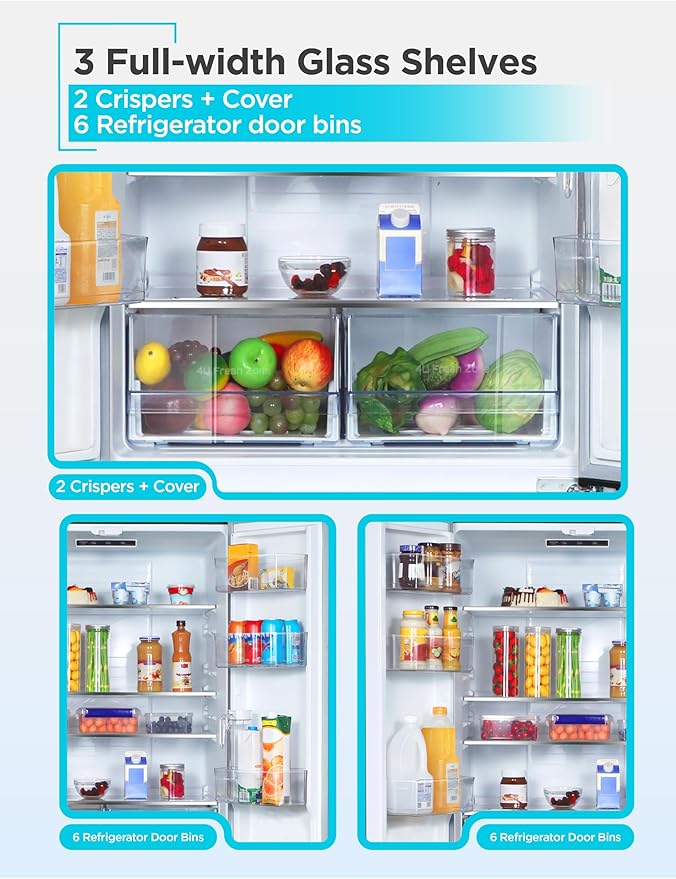 Black+Decker 16 cu. ft. French Door Refrigerator With Built-In Ice Maker, Full Size Refrigerator With Bottom Mount Freezer Drawer, Frost Free, Energy Star Certified, BRF1600GIMB, Black - View 3 | Fridge.com