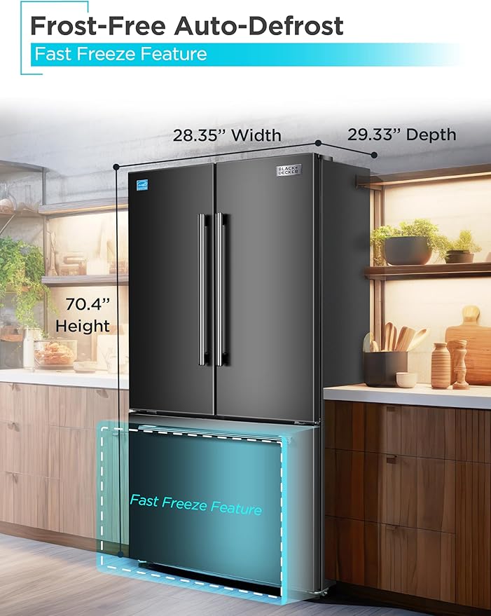 Black+Decker 16 cu. ft. French Door Refrigerator With Built-In Ice Maker, Full Size Refrigerator With Bottom Mount Freezer Drawer, Frost Free, Energy Star Certified, BRF1600GIMB, Black - View 4 | Fridge.com