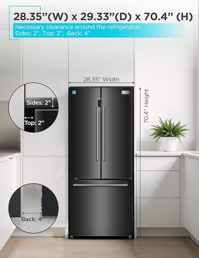 Black+Decker 16 cu. ft. French Door Refrigerator With Built-In Ice Maker, Full Size Refrigerator With Bottom Mount Freezer Drawer, Frost Free, Energy Star Certified, BRF1600GIMB, Black - View 5 | Fridge.com