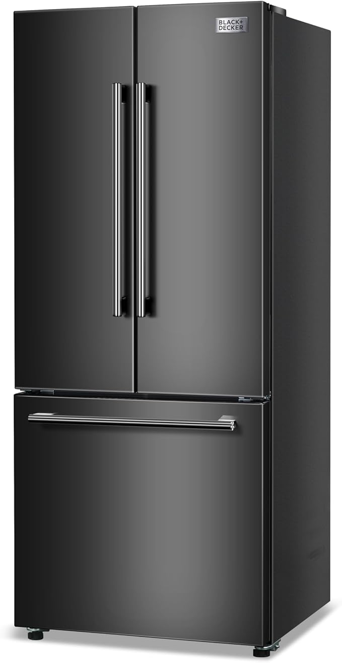 Black+Decker 16 cu. ft. French Door Refrigerator With Built-In Ice Maker, Full Size Refrigerator With Bottom Mount Freezer Drawer, Frost Free, Energy Star Certified, BRF1600GIMB, Black - View 6 | Fridge.com