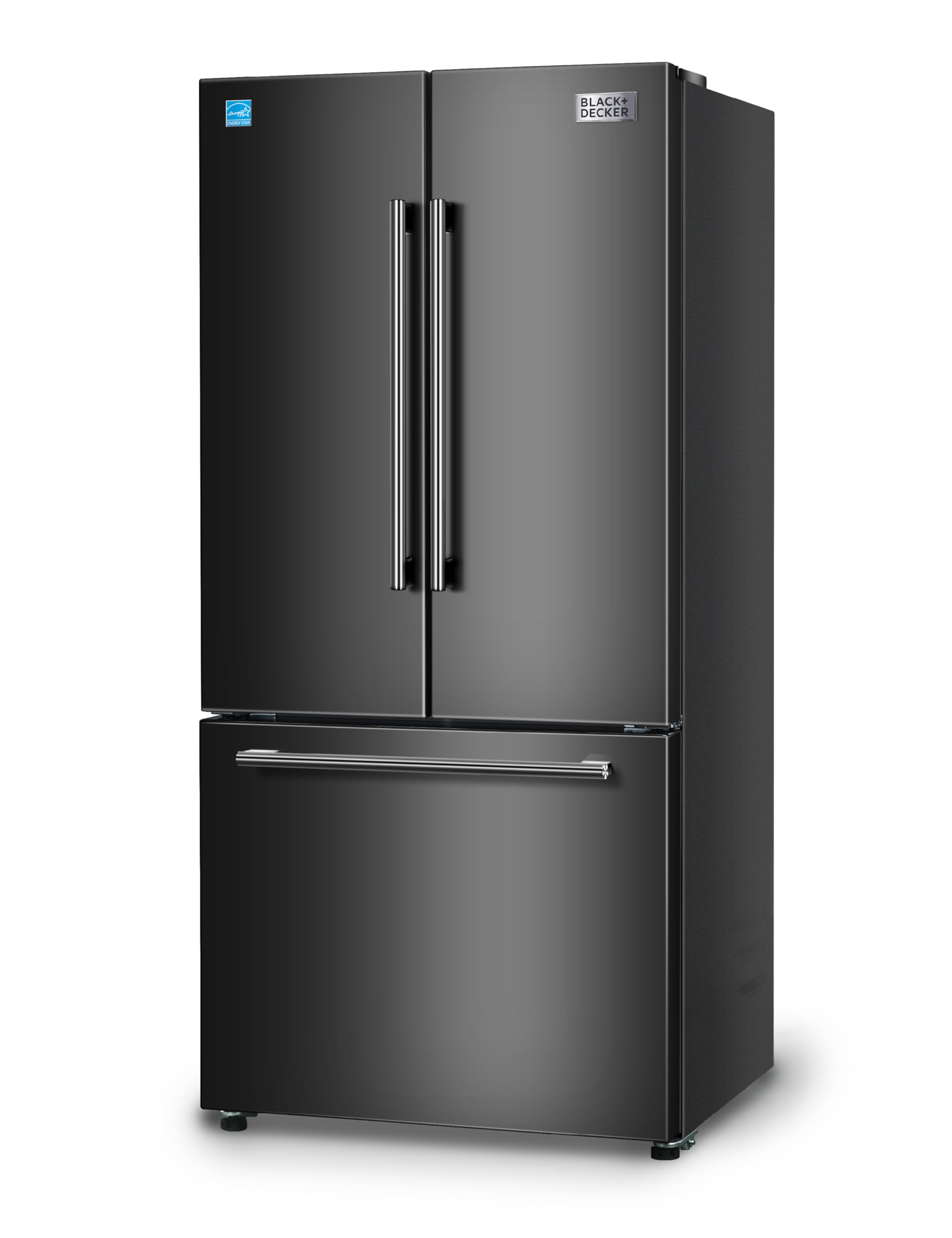 Black+Decker 18 Cu. Ft. French Door Refrigerator with Built-in Ice Maker, Full Size Refrigerator with Bottom Mount Freezer Drawer, Frost Free, ENERGY STAR certified, BRF1800GIMB, Black — FIN-0003082 | Fridge.com