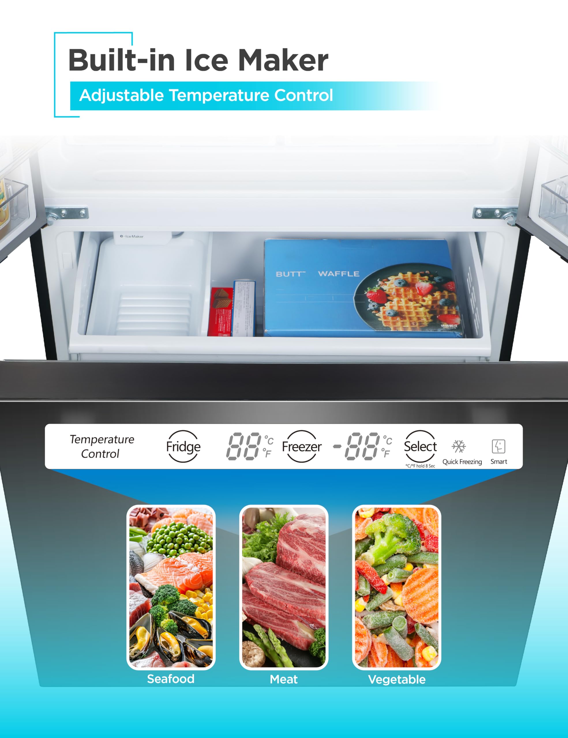Black+Decker 18 cu. ft. French Door Refrigerator With Built-In Ice Maker, Full Size Refrigerator With Bottom Mount Freezer Drawer, Frost Free, Energy Star Certified, BRF1800GIMB, Black - View 3 | Fridge.com