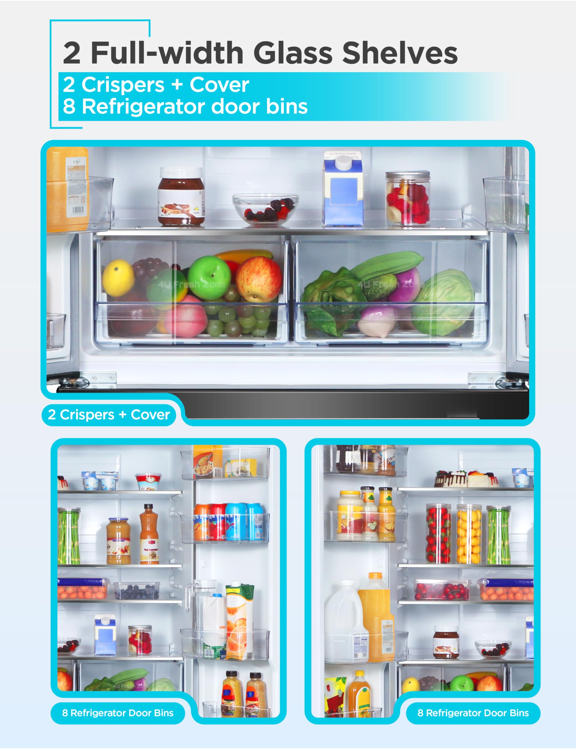 Black+Decker 18 cu. ft. French Door Refrigerator With Built-In Ice Maker, Full Size Refrigerator With Bottom Mount Freezer Drawer, Frost Free, Energy Star Certified, BRF1800GIMB, Black - View 4 | Fridge.com