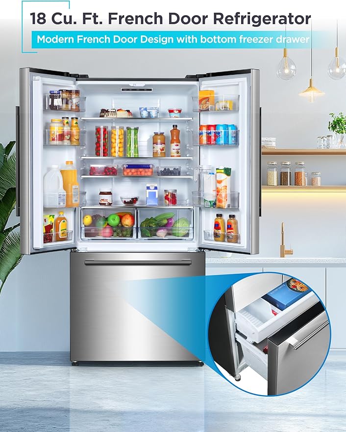 Black+Decker 18 cu. ft. French Door Refrigerator With Built-In Ice Maker, Full Size Refrigerator With Bottom Mount Freezer Drawer, Frost Free, Energy Star Certified, BRF1800GIMS, Stainless Look - View 2 | Fridge.com