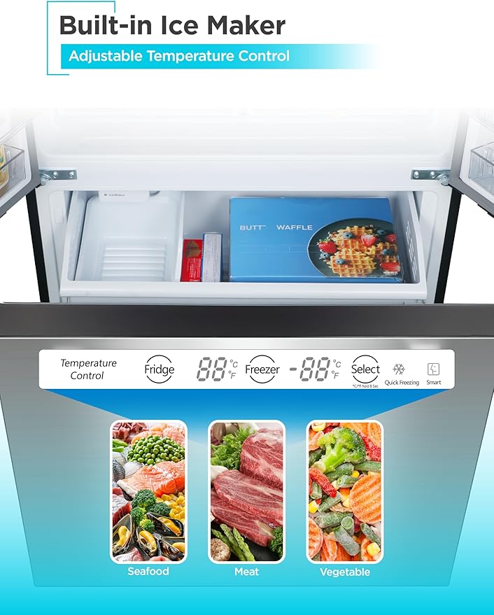 Black+Decker 18 cu. ft. French Door Refrigerator With Built-In Ice Maker, Full Size Refrigerator With Bottom Mount Freezer Drawer, Frost Free, Energy Star Certified, BRF1800GIMS, Stainless Look - View 3 | Fridge.com