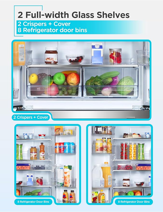Black+Decker 18 cu. ft. French Door Refrigerator With Built-In Ice Maker, Full Size Refrigerator With Bottom Mount Freezer Drawer, Frost Free, Energy Star Certified, BRF1800GIMS, Stainless Look - View 4 | Fridge.com