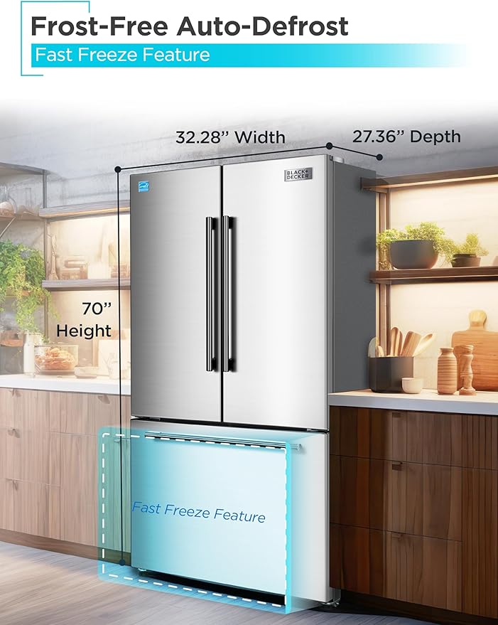Black+Decker 18 cu. ft. French Door Refrigerator With Built-In Ice Maker, Full Size Refrigerator With Bottom Mount Freezer Drawer, Frost Free, Energy Star Certified, BRF1800GIMS, Stainless Look - View 5 | Fridge.com
