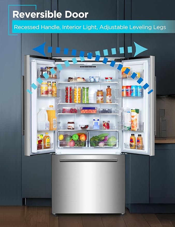 Black+Decker 18 cu. ft. French Door Refrigerator With Built-In Ice Maker, Full Size Refrigerator With Bottom Mount Freezer Drawer, Frost Free, Energy Star Certified, BRF1800GIMS, Stainless Look - View 6 | Fridge.com