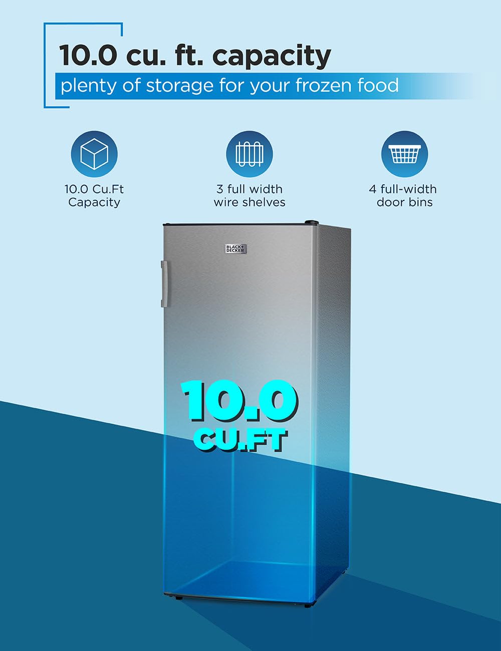 Black+Decker 10 Cu. Ft. Upright Freezer, Stand Up Freezer with Mechanical Temperature Control, Freezer with 3 Shelves and 4 Door Bins, Manual Defrost, R600a Refrigerant, BUF1000LS,Stainless Steel Look — FIN-0003091 | Fridge.com